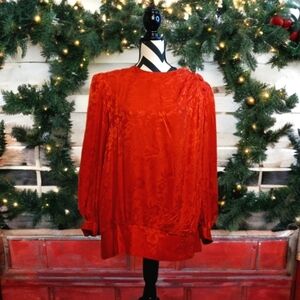 Vintage Long-Sleeve Floral Jacquard Pattern Loose Fit 100% Silk Party Blouse